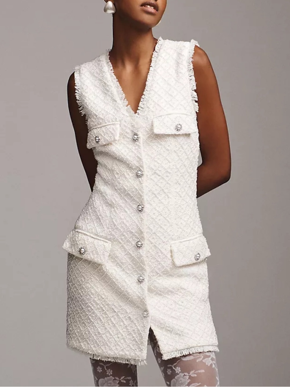 BHLDN Ella V-Neck Pearl Tweed Mini Dress
